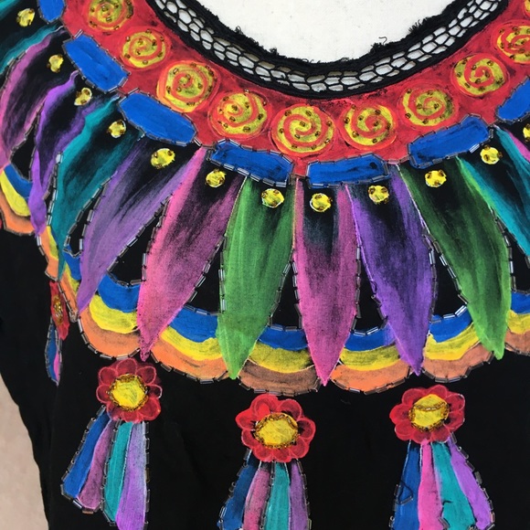 Vintage 90s T Jehnsen Inc Black Hand Painted Mexican Style Top Sequins Rainbow L - Picture 6 of 8